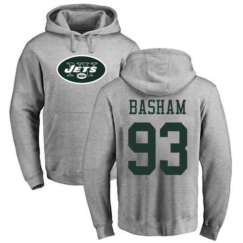 New York Jets Men Ash Tarell Basham Name and Number Logo NFL Football 93 Pullover Hoodie Sweatshirts